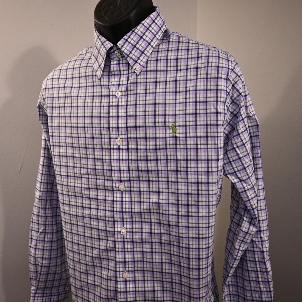 Polo Ralph Lauren Button Up Mens Large Classic Fit Purple Plaid Long Sleeve Pony